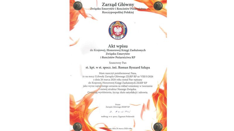 Akt Wpisu do Krajowej „Honorowej Księgi Zasłużonych”